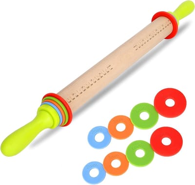 Famanu – Verstelbare houten deegroller met 4 afneembare ringen – antiaanbak – 36 cm – ideaal voor gebak en pizzadeeg