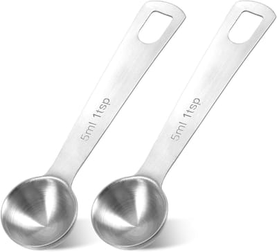 2 stuks 1 theelepel (1 theelepel | 1/3 eetlepel | 5 ml | 5 cc | 1/6 oz) maatlepels roestvrij staal enkele maatlepel lange steel schep voor het meten van koffie huisdiervoeding granen eiwitkruiden
