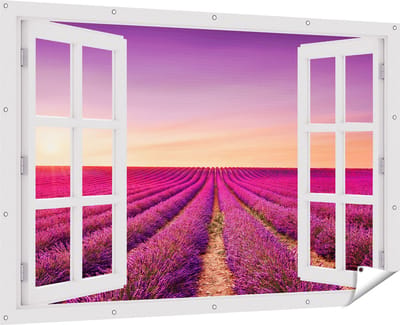 Gards Tuinposter Doorkijk Paarse Lavendel Bloemenveld - 180x120 cm - Tuindoek - Tuindecoratie - Wanddecoratie buiten - Tuinschilderij