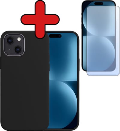 Hoesje - Met Screenprotector - Geschikt voor Apple iPhone 15 - Sterk & Shockproof - Telefoon Hoes - Back Cover - Siliconen Case - Telefoonhoes - Zwart