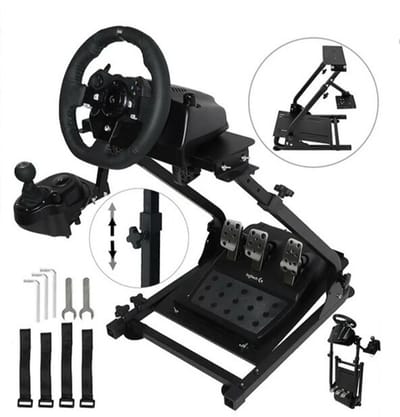 QPFO® Racing Simulator Standaard – Volledig Verstelbaar Race Wheel en Pedaalhouder – Opvouwbaar en Compact – Antislip – Zwart