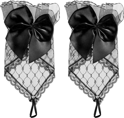 Zwarte Korte Boog Vingerloze Kant Handschoenen voor Vrouwen - Elegante Bloemen Mesh Tea Party en Bruiloft Accessoires