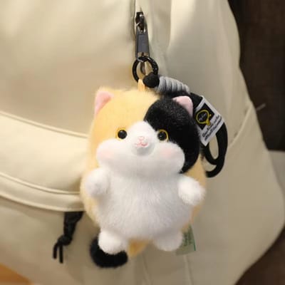 Porte-clés en peluche pour chat de forme ronde Design potelé Matériau doux Pendentif en peluche pour chat Texture duveteuse Porte-clés chat en peluche 12 cm Décoration de sac beige