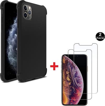 Shock-proof silicone hoesje zwart met 2 Pack Tempered glas Screen Protector Geschikt voor: iPhone 11 Pro
