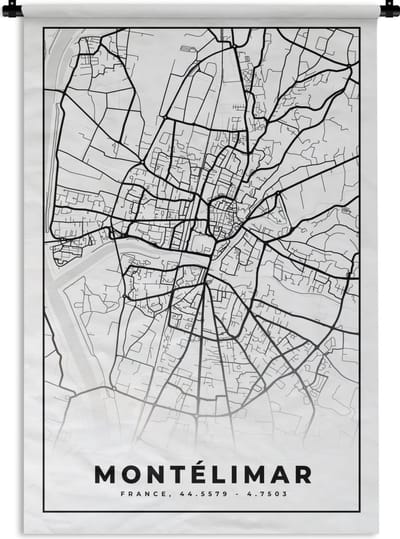 Wandkleed - Wanddoek - Frankrijk – Plattegrond – Stadskaart – Montélimar - Kaart - Zwart wit - 120x180 cm - Wandtapijt