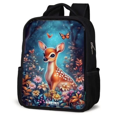 NoBoringSuitcases.com® - Rugzak zwart - Schooltas jongen & meisje - Hertje tussen bloemen in betoverend bos - Rugtas voor school - Boekentas kind - Schoolrugzak - Kinderrugzak