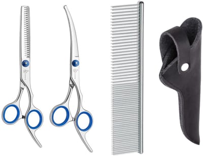 Professor Q Combo - Scharenset – Uitdunschaar + Gebogen Hondentrimschaar – RVS – Ergonomisch met Luxe Lederen Etui – 16,5 cm – Zwart + Anti-Klit Kam – Pijnloos & Huisdiervriendelijk