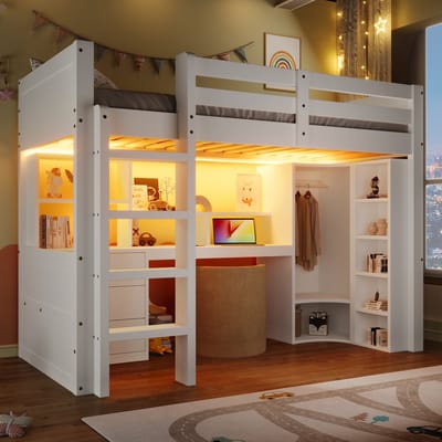 Hoogslaper 90x200 cm - met LED-verlichting - kledingkast - bureau - lade - opbergruimte - zonder matras - wit