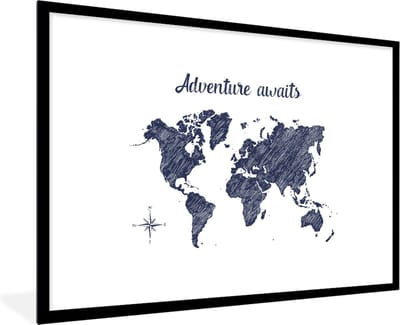 Fotolijst incl. Poster - Wereldkaart - Blauw - Quote - 120x80 cm - Posterlijst