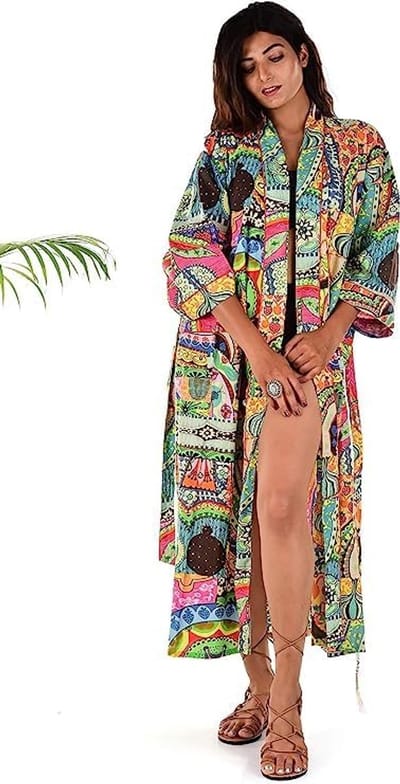 Bloemenprint Lange Katoenen Strand Kimono voor Vrouwen - Handgemaakte Boho Badjas en Nachtgewaad