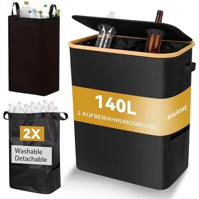 140L opvouwbaar recyclingdeksel, inclusief 2 herbruikbare binnenzaken, veilige flessopslag, geschikt voor keuken / kantoor / buiten, grote container lege flessenverzamelaar, vuile kledingmand, opslagdoos.