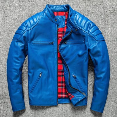 Nieuwe Toplaag Koeienhuid Echt Leer Leren Jas voor Mannen Jong Motorrijder Opstaande Kraag Slim Fit Trendy Leren Jas Kort Herfstjas L blue