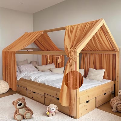 Handgemaakte Bedhemel van 100% Katoen Muslin, Set van 2 voor Sfeervolle Kinderbeddecoratie, Geschikt voor Jongens en Meisjes (Mosterdgeel, 132 x 320 cm)