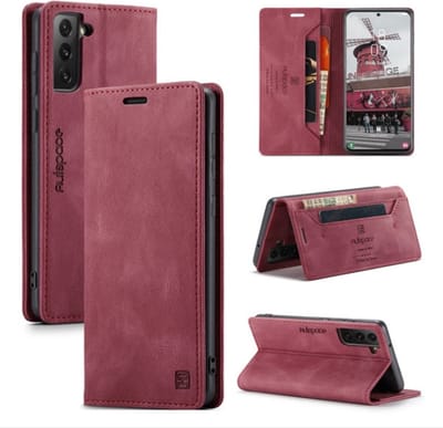 Luxe Flip Case met RFID Bescherming Kaarthouder en Magneetsluiting voor Samsung Galaxy S21 FE 5G _ Rood