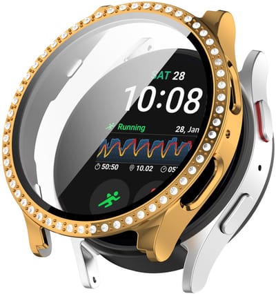Watch case screenprotector - hoesje - gehard glas - geschikt voor Samsung Galaxy Watch 7 (44 mm) - glittersteentjes - goud