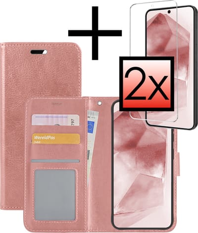 Hoesje - Met 2x Screenprotector - Geschikt voor Samsung Galaxy A55 - Luxe Pasjeshouder - Bookcase Portemonee - Flip Case - Kunstleer Book Case - Flipcase Hoes - Book Cover - Walletcase - Portemonneehoes - Rosé goud