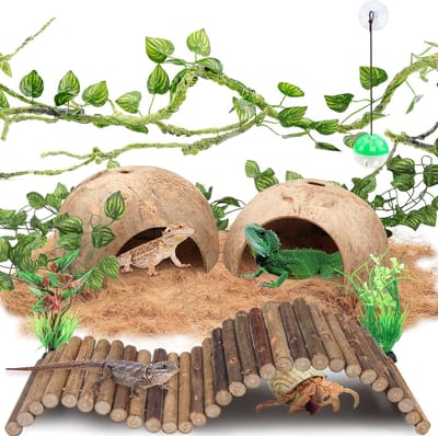 Crested Gecko Tank Accessoires met Klimvines, Hangplanten en Kokosnootschalen voor Reptielen zoals Hagedissen, Kameleons en Slangen