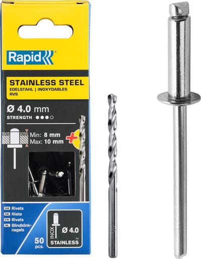 RVS Blindklinknagels Ø 4mm met Boor voor Klembereik 8-10mm, 50 Stuks
