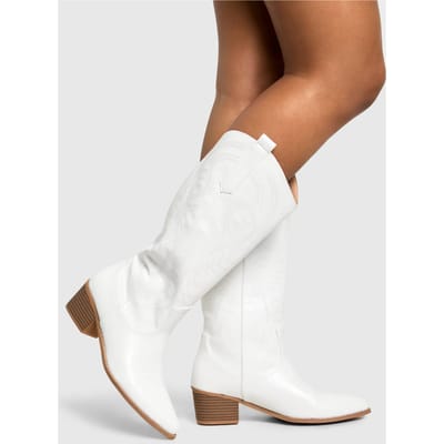 boohoo Dames Kalf detail geborduurde westerse cowboylaarzen | Wit | Maat: 41