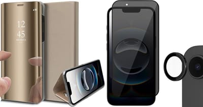 Hoesje geschikt voor iPhone 16e - Privacy Screenprotector Volledig Dekkend Glas & Camera - Spiegel Book Case Goud