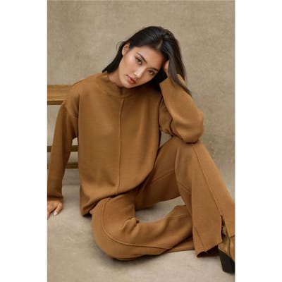 Lang Sweater & Hoge Taille Wijde Pijpen Gebreid Co-Ord Set