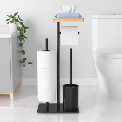 Roestvrijstalen toiletpapierhouder, staand met wc-borstel, toiletpapierhouder met vochtige doekjes, met wc-borstel, wc-garnituur met staande en toiletborstel