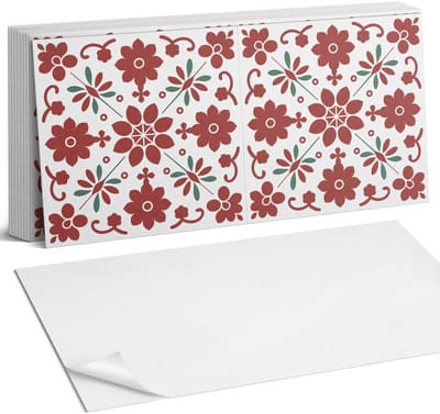 Coloray Plaktegels - Bloemenpatroon met bladeren Zelfklevende Wandtegels - 40 cm x 20 cm - Rood Plaktegels - 10 stuks - Rechthoek PVC Tegels - Plaktegels Badkamer - Vloertegels Zelfklevend - Vinyl Tegels - Portugese Tegels
