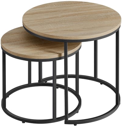 Dailygoods- Salontafel Set van 2 - Ronde Salontafel - Bijzettafels - Ruimtebesparend - Houten/Metalen Design - Modern en Veelzijdig - Bijzettafel
