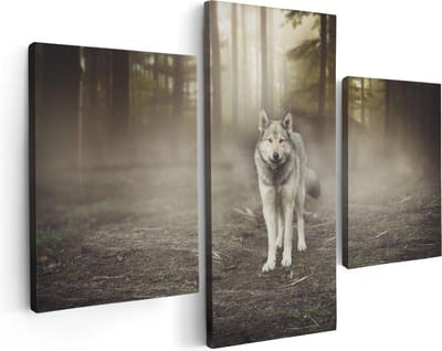 Artaza Canvas Schilderij Drieluik Grijze Wolf In Het Bos - 90x60 cm - Wanddecoratie Woonkamer - Schilderijen - Muurdecoratie