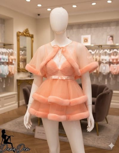 Luxe Babydoll Lingerie Set – Doorschijnende Tule met Bontrand - Peach