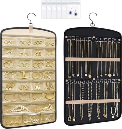 Hanging Jewelry Organizer voor Kledingkast, Dubbelzijdige Oorbellenhouder met 29 Compartimenten en 2 Golfhaken voor Sieradenopslag