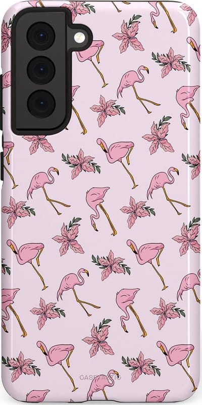 Casetastic hoesje geschikt voor Samsung Galaxy S21 FE 5G - Dubbellaagse bescherming - Tropisch Roze Flamigo Bloemen Paradijs - Fashion Case - Lichtgrijs Wit Lichtroze