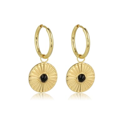 My Bendel - Goudkleurige Oorbellen Onyx Zonnetje - Stralende Zon Onyx Oorringen - Goudkleurige Oorring - met Luxe Cadeauverpakking | Sieraden Voor Dames