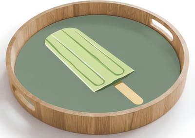 Dienblad rond 40x40 cm - Schootdienblad hout - Groen - Waterijsje - Stokje - Illustratie - Borrelplank rechthoek - Plateau houten dienbladen