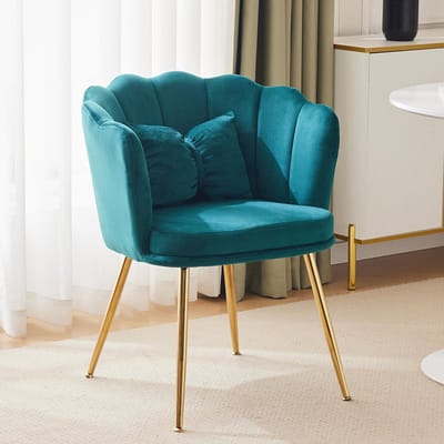 BLACKCOLORS Moderne fluwelen fauteuil, badkuipstoel, comfortabele, gestoffeerde en decoratieve stoel met bloembladvormige rugleuning en vergulde metalen poten en vlinderkussens voor de slaapkamer/eetkamer