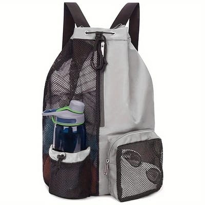 Mesh Strandtas Waterdicht Binnenvak Grote Capaciteit Trekkoord Rugzak Lichtgrijs | Voor Strand Zwemmen & Fitness