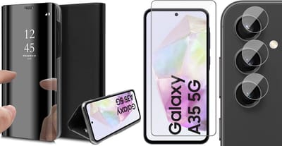 Hoesje geschikt voor Samsung Galaxy A35 - Screenprotector Glas & Camera - Spiegel Book Case Zwart