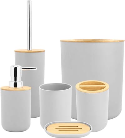 Complete Badkameraccessoires Set met 6 Stukken - Organiseer je Wastafel met Zeepdoos, Tandenborstelhouder, Spoelbekers en Lotionflessen in Grijs
