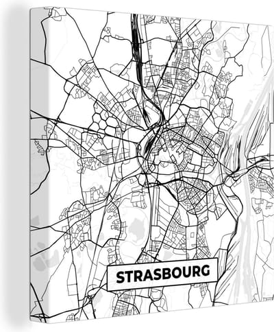 Canvas Schilderij Stadskaart - Strasbourg - Frankrijk - Kaart - Plattegrond - Zwart wit - 20x20 cm - Wanddecoratie