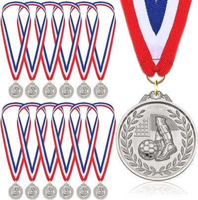 Voetbalmedailles - Zilveren medailles - Sportevenementen - Met driekleurig lint - 5.2 cm diameter - Zilver