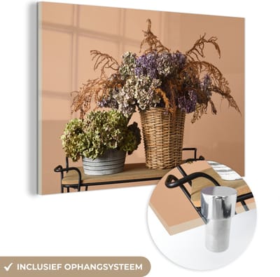 MuchoWow® Glasschilderij 60x40 cm - Schilderij acrylglas - Gedroogde bloemen - Manden - Stilleven - Foto op glas - Schilderijen