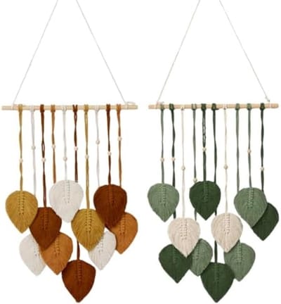PromoHome Handgemaakte wandtapijt set van 2 - Bohemian bladontwerp met natuurlijke houten accenten