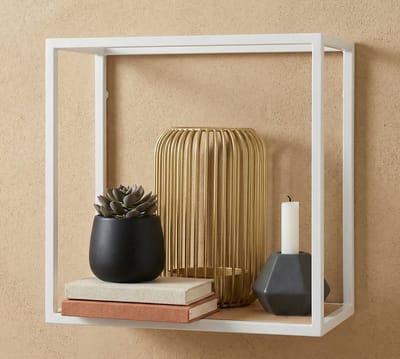 Wandschap 24cm x 24cm x 12cm - Wandrek wit dun met hout - wandplank Soto rechthoekig - Wandschappen design metaal