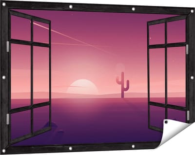 Gards Tuinposter Doorkijk Zonsondergang in de Woestijn met een Cactus - 120x80 cm - Tuindoek - Tuindecoratie - Wanddecoratie buiten - Tuinschilderij