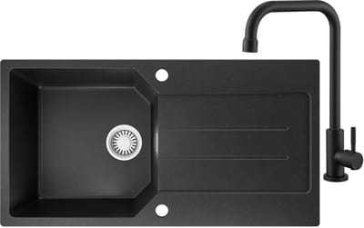 Anycee max Spoelbak Met Kraangat - Granieten Keuken 86x45CM - Spoelbak Keuken Met Koudwaterkraan Keukenkraan - Met Afdruiprek en Waterafvoersysteem - 80% Kwarts Zand Spoelbak Keuken - Zwart