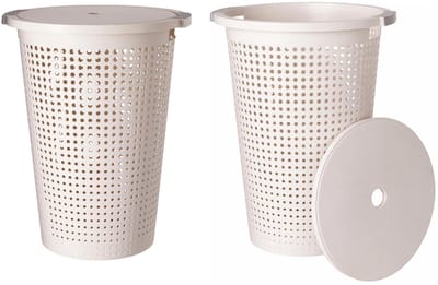 Storage Solutions Wasmand met deksel - 2x - wit - 35 liter - 40 x 52 cm - kunststof - rond - wasbox - mand voor wasgoed