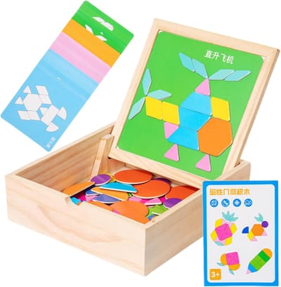 Magnetische Puzzel - Tangrammen Speelgoed - Creatief Denken - Houten Geometrische Vormen - 19x19x0.1 cm - Multicolor