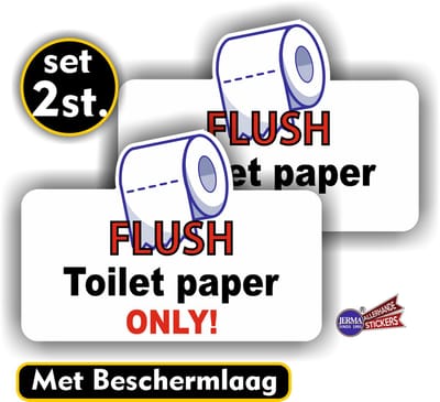 Jerma - Flush Toilet Paper Only - Sticker - Set - 10 x 14 cm - Krasbestendig - Vinyl - Zelfklevend