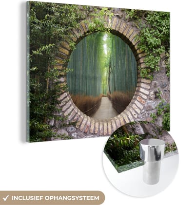 MuchoWow® Glasschilderij 120x90 cm - Schilderij acrylglas - Bamboe - Bos - Japans - Doorkijk - Foto op glas - Schilderijen