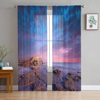 Prachtige Zonsondergang Boven Rotsen Tule Gordijnen Voor Woonkamer Transparant Gordijn Slaapkamer Sluier Organza Decoratieve Raambekleding 135W x 114H(cm) blue